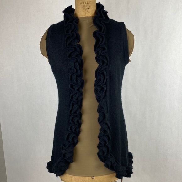 Lael Alpaca Sweater Vest Cardigan Medium Long Ruffle Collar Black Knit - Picture 1 of 16